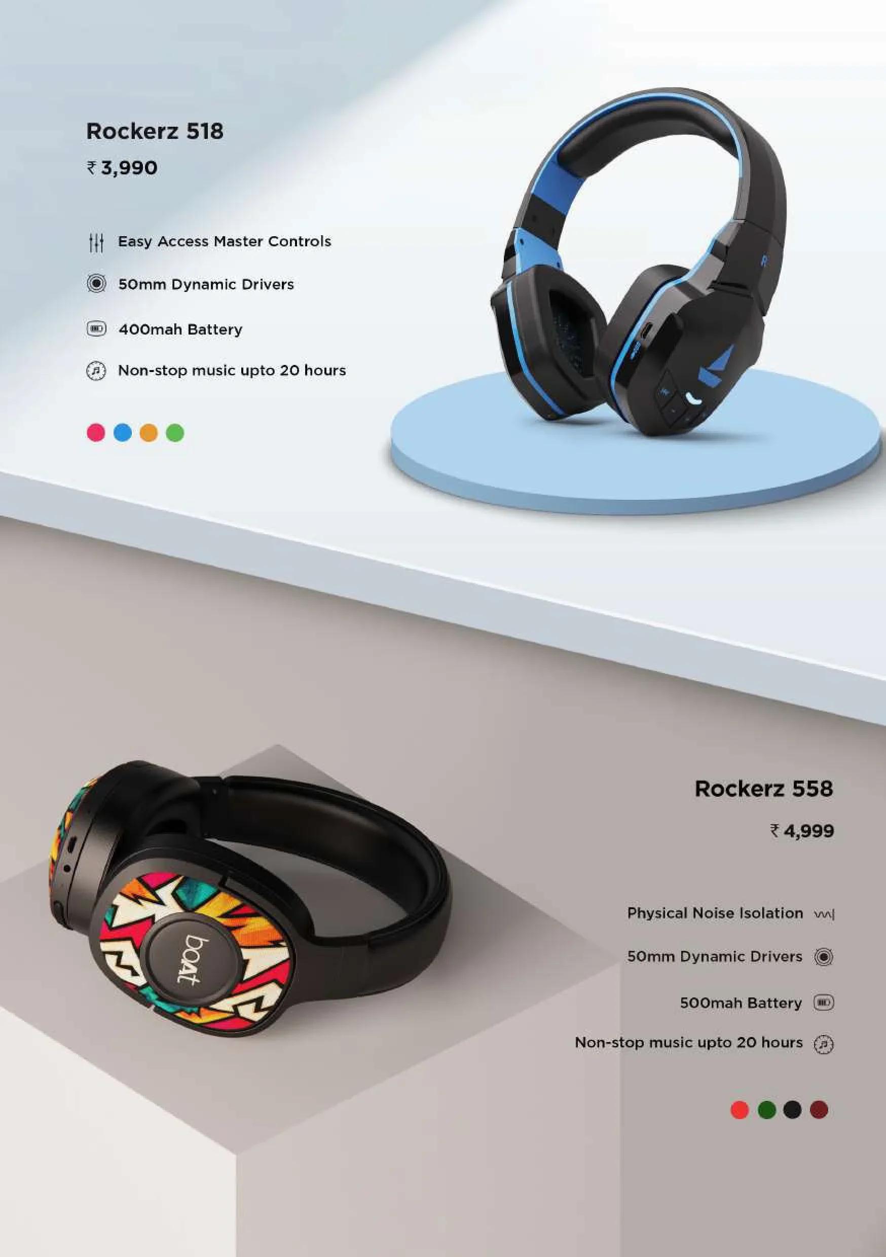 boAt Rockerz 518 & 558 Wireless Over-Ear Headphones with 50mm Dynamic Drivers & 20 Hours Playback