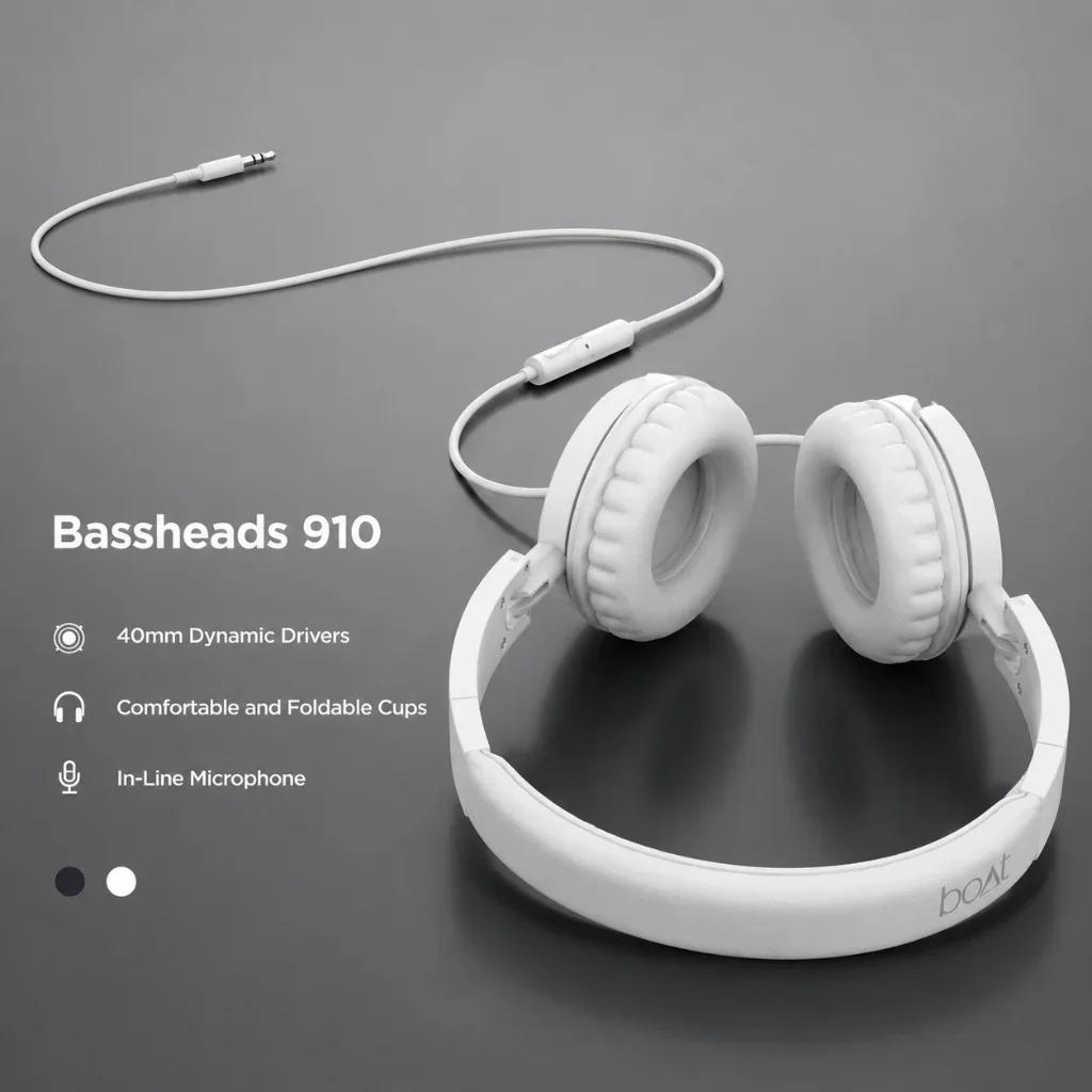 boAt Bassheads 910 Wired On-Ear Headphones with 40mm Dynamic Drivers & Foldable Earcups