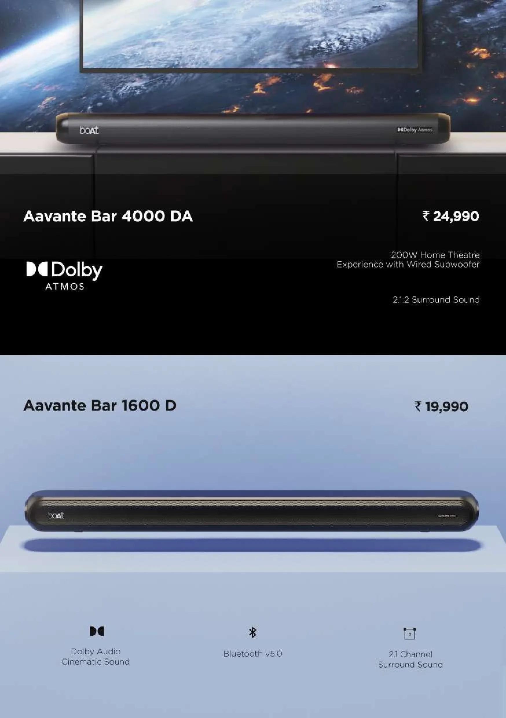 boAt Aavante Bar Home Theatre Soundbar Series (4000 DA & 1600 D) with Dolby Audio, Up to 200W Output & Surround Sound