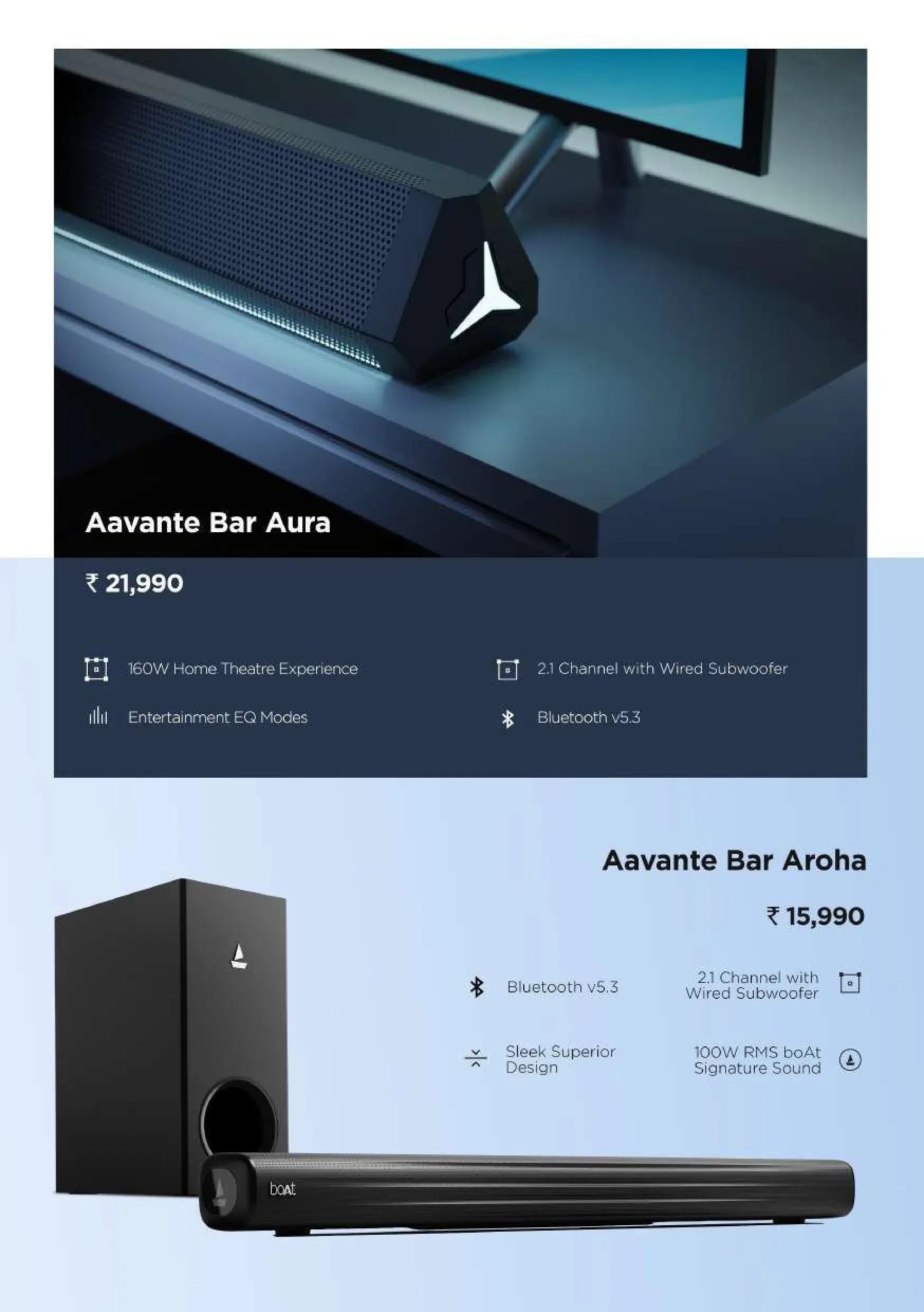 boAt Aavante Bar Soundbar Series (Aavante Bar Aura & Aavante Bar Aroha) with 2.1 Channel Wired Subwoofer & Bluetooth v5.3