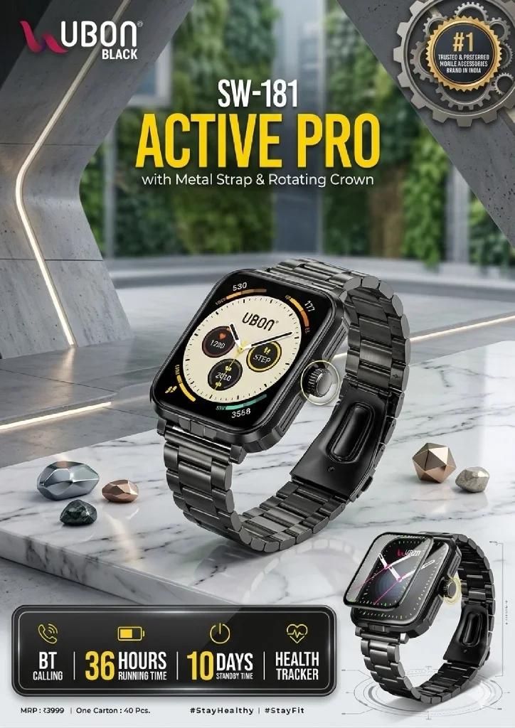 UBON Black SW-181 Active Pro Smartwatch with Metal Strap, Rotating Crown, BT Calling & Health Tracker