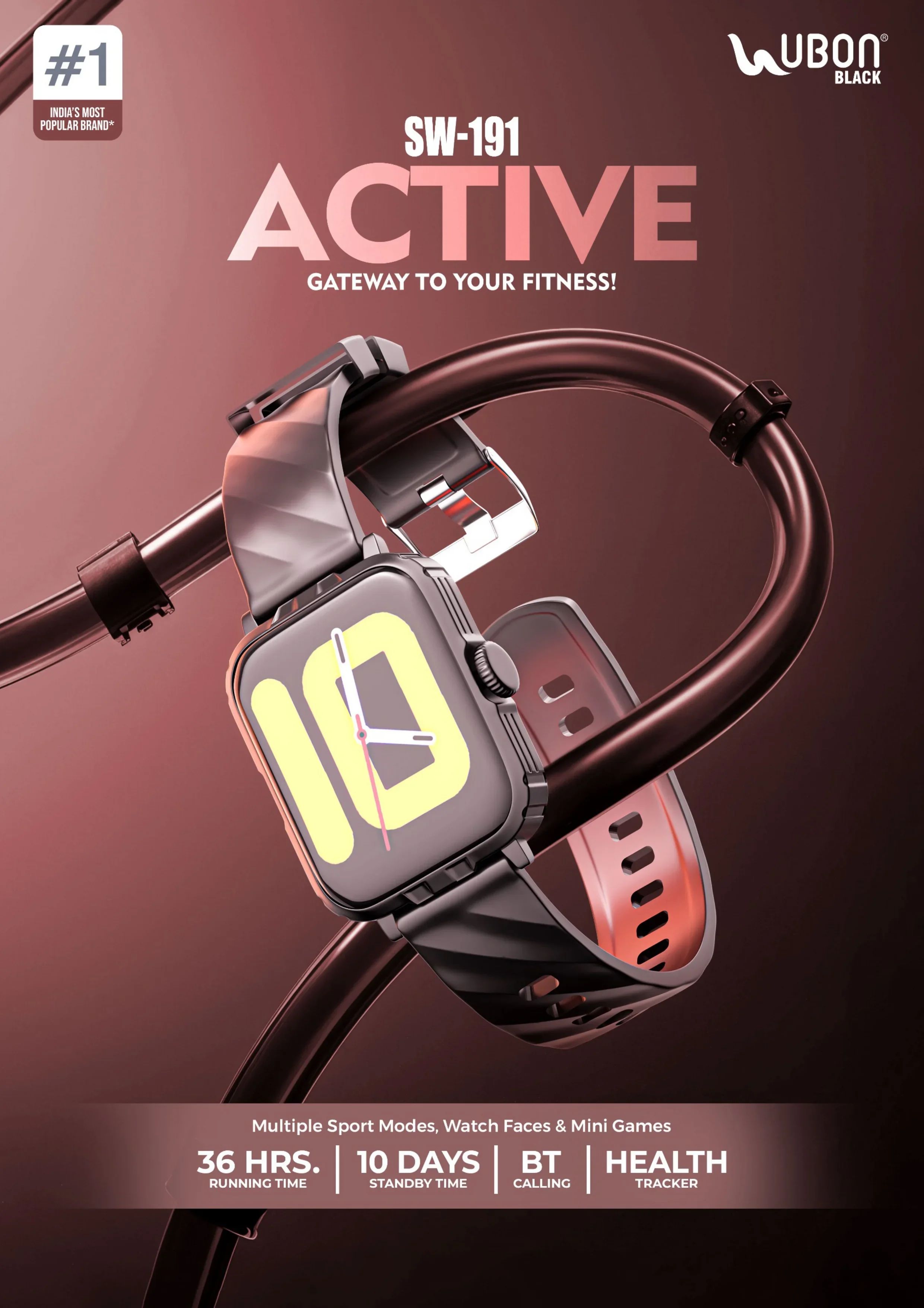 UBON Black SW-191 Active Smartwatch with BT Calling, Health Tracker, Mini Games & 36 Hours Running Time