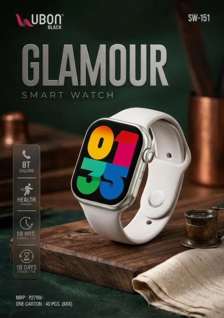 UBON Black SW-151 GLAMOUR Smartwatch with BT Calling, Health Tracker & 50 Hours Running Time