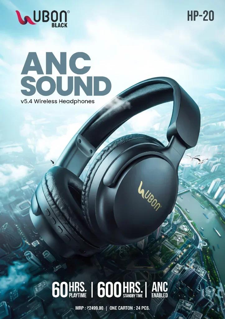 UBON Black HP-20 ANC Wireless Headphones with Bluetooth v5.4, Active Noise Cancellation & 60 Hours Playtime