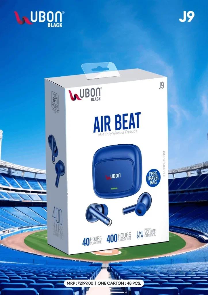 UBON Black J9 AIR BEAT Truly Wireless Earbuds with Bluetooth v5.4, 40 Hours Playtime & Free Travel Bag