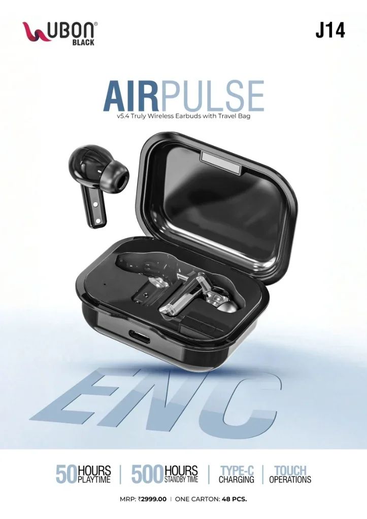UBON Black J14 AIRPULSE Truly Wireless Earbuds with ENC, Bluetooth v5.4 & 50 Hours Playtime
