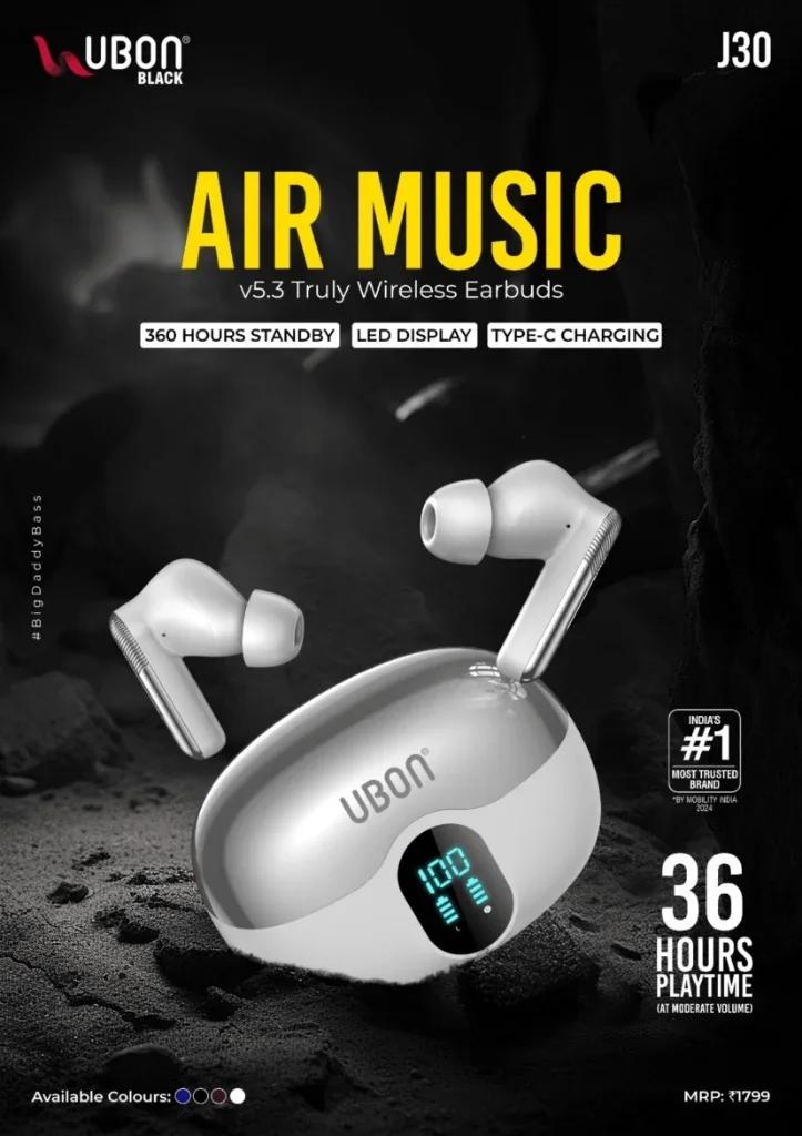 UBON Black J30 AIR MUSIC Truly Wireless Earbuds with Digital LED Display, 36 Hours Playtime & BigDaddyBass
