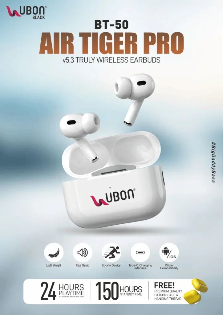 UBON Black BT-50 AIR TIGER PRO Wireless Earbuds with Sporty Design & Free Silicon Case