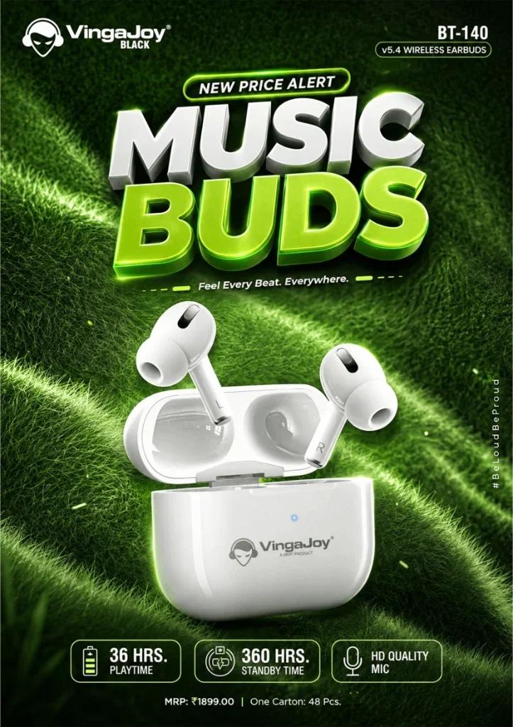 VingaJoy Black BT-140 MUSIC BUDS v5.4 Wireless Earbuds with 36 Hours Playtime & HD Quality Mic