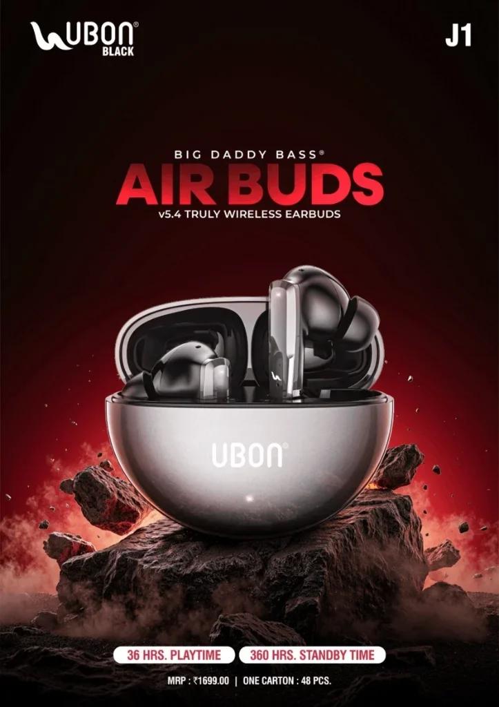 UBON Black J1 AIR BUDS Truly Wireless Earbuds with Big Daddy Bass®, 36 Hours Playtime & Metallic Finish