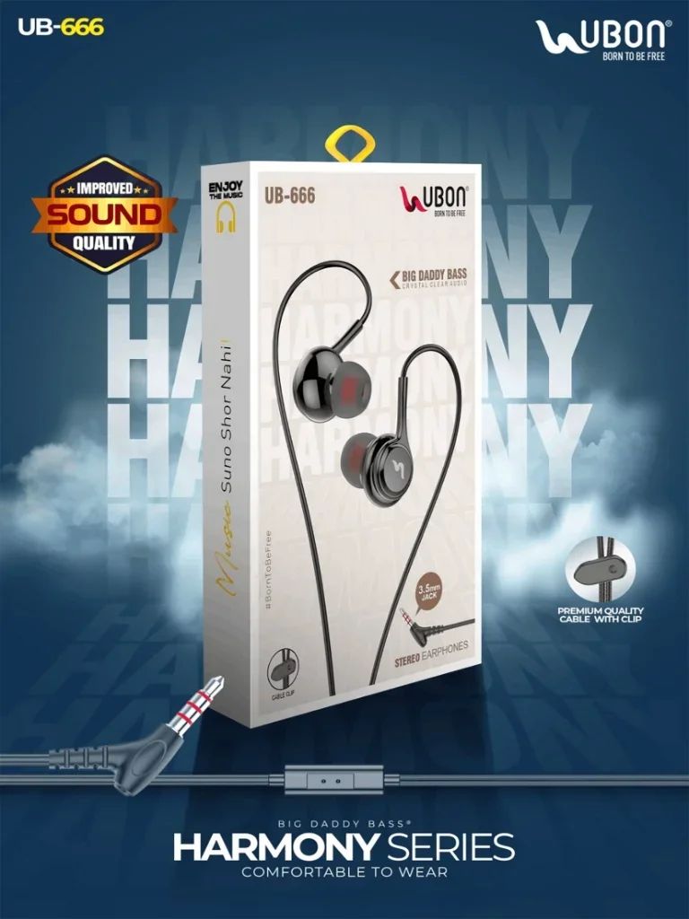 UBON UB-666 HARMONY SERIES Wired Stereo Earphones with 3.5mm Jack & Premium Cable Clip