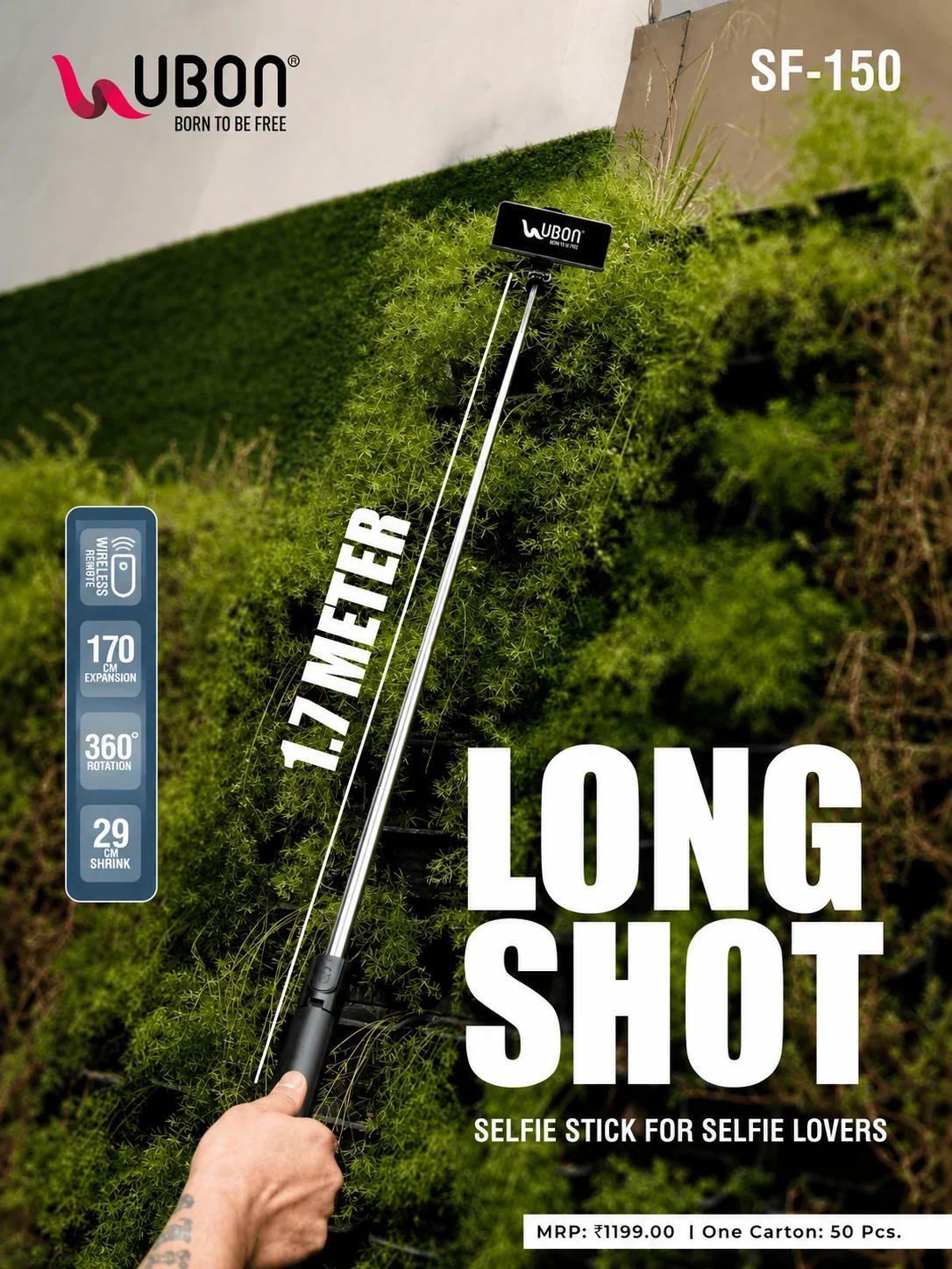 UBON SF-150 LONG SHOT Wireless Selfie Stick with 1.7m Extension, 360° Rotation & Remote Control