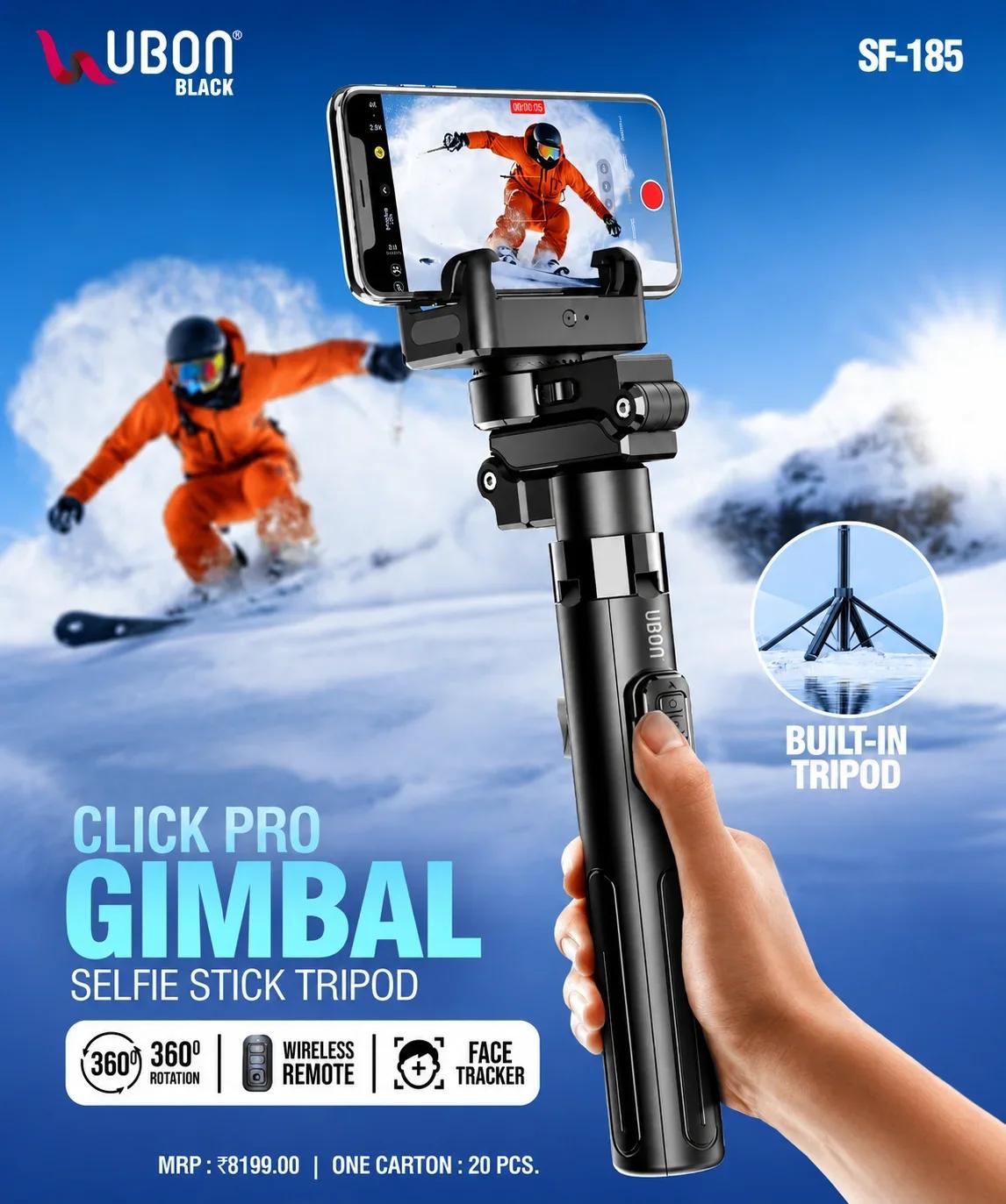 UBON BLACK SF-185 CLICK PRO Gimbal Selfie Stick Tripod with Face Tracker & 360° Rotation