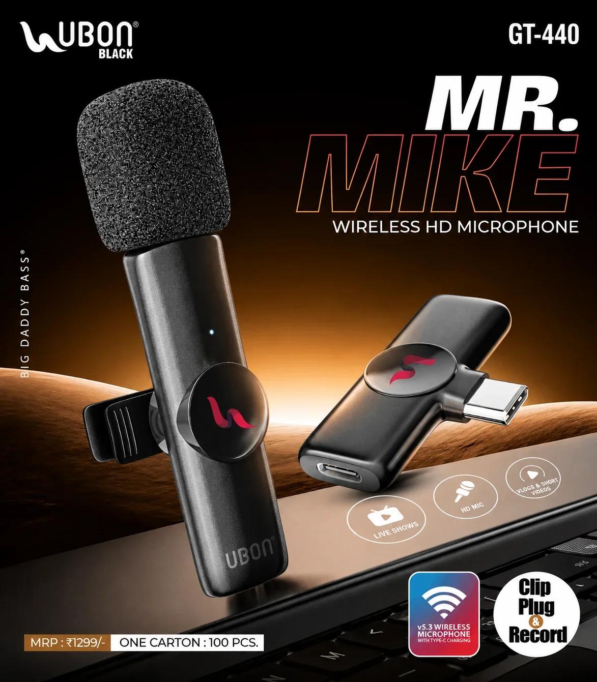 UBON BLACK GT-440 MR. MIKE v5.3 Wireless HD Clip-On Microphone with Type-C Receiver & Pass-Through Charging