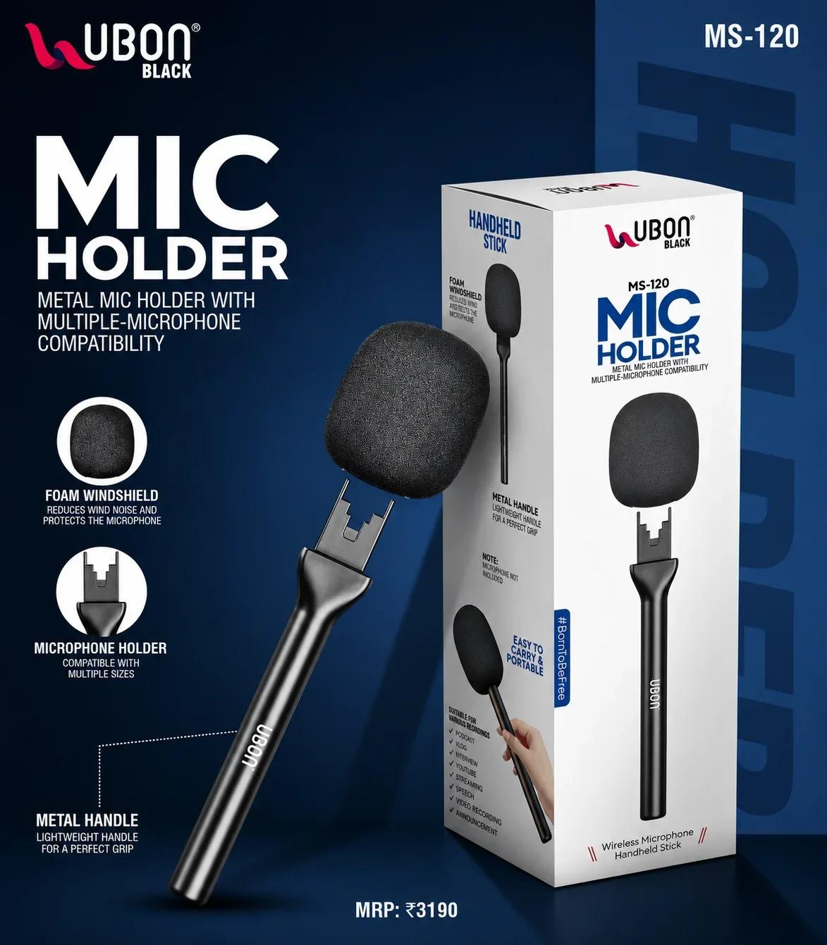 UBON BLACK MS-120 Handheld Wireless Microphone Holder Stick with Foam Windshield & Metal Handle