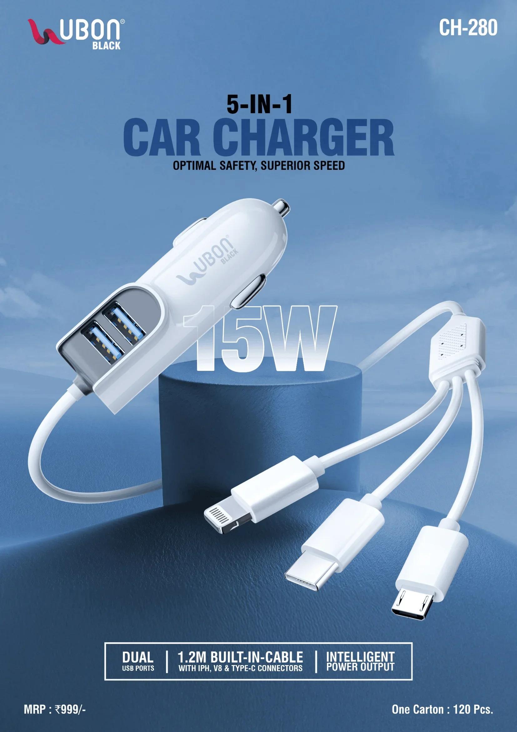 UBON BLACK CH-280 15W 5-in-1 Car Charger with Dual USB Ports & 1.2m Built-in Multi-Cable