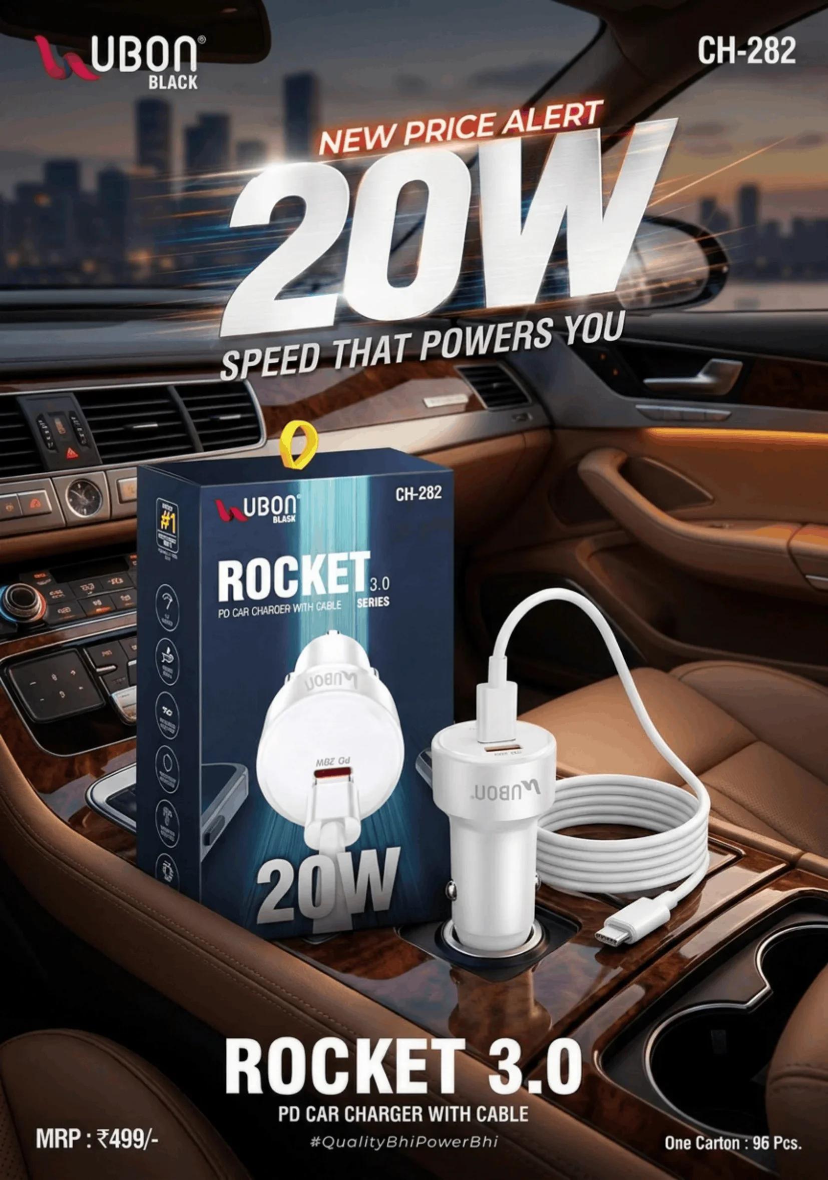 UBON BLACK CH-282 ROCKET 3.0 20W Fast PD Car Charger with Type-C Charging Cable