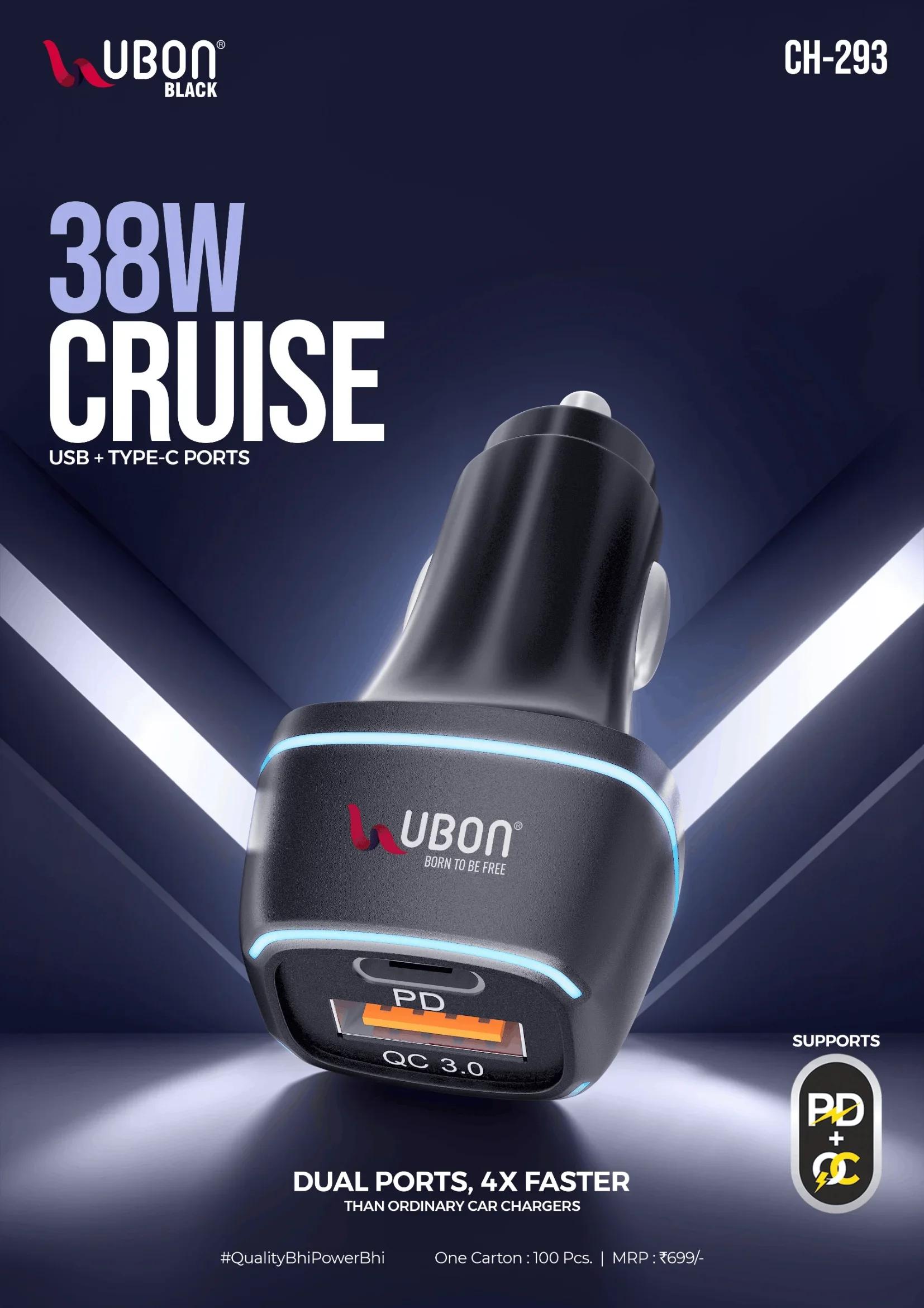 UBON BLACK CH-293 CRUISE 38W Dual Port Fast Car Charger with PD & Quick Charge 3.0