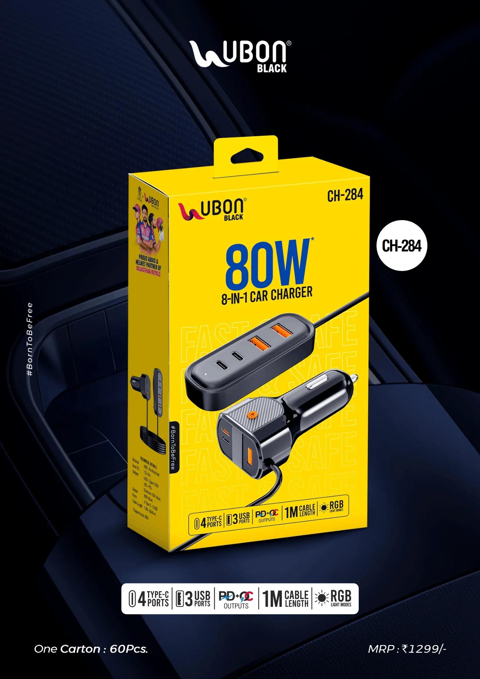 UBON BLACK CH-284 8-in-1 80W Car Charger Extension Unit with 4 Type-C, 3 USB Ports & RGB Lighting