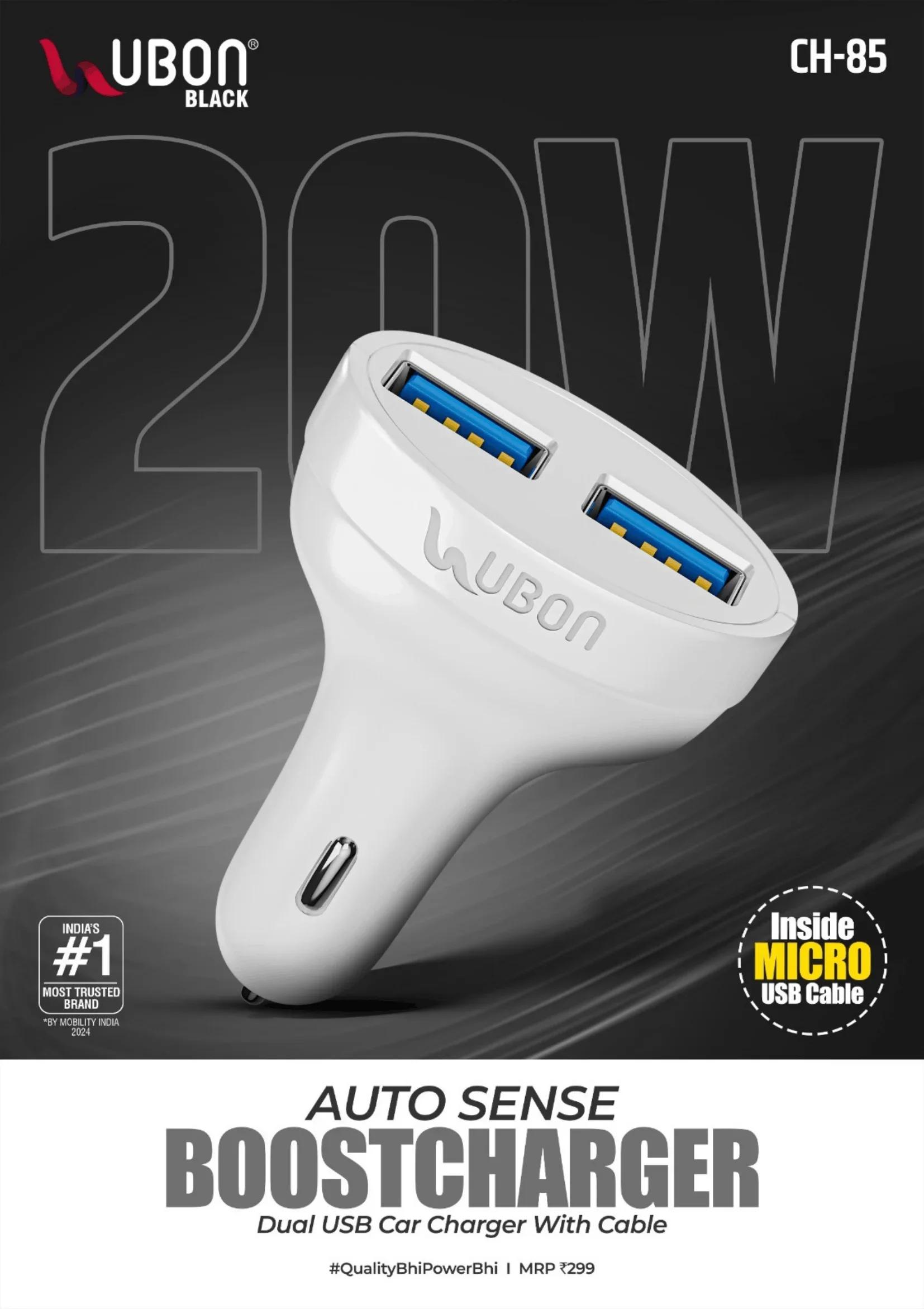 UBON BLACK CH-85 AUTO SENSE BOOSTCHARGER 20W Dual USB Car Charger with Included Micro USB Cable