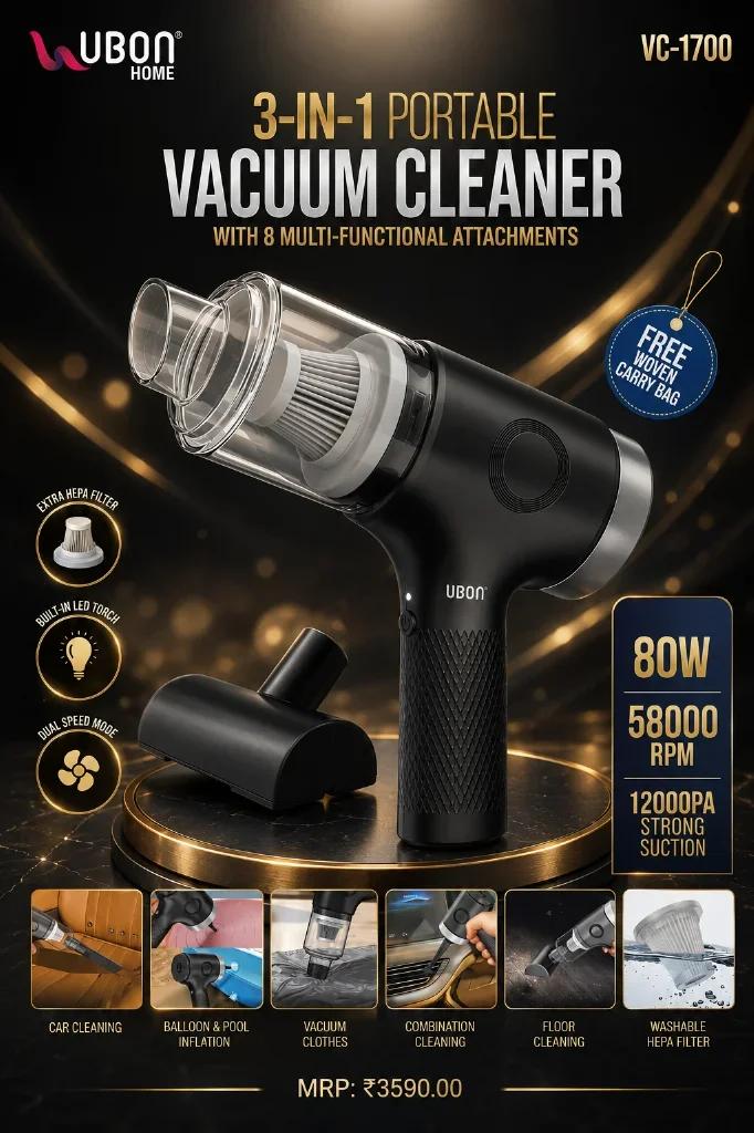 UBON VC-1700 3-in-1 Portable Vacuum Cleaner with 8 Attachments & 12000PA Suction