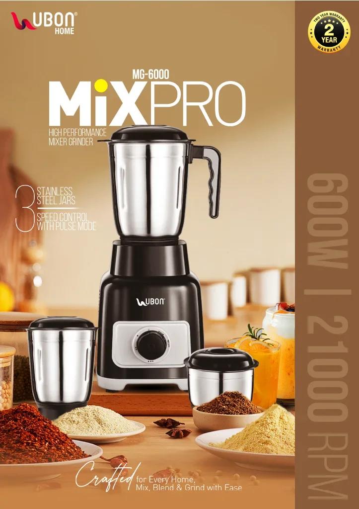 UBON MG-6000 MixPro 600W High-Performance Mixer Grinder with 3 Stainless Steel Jars