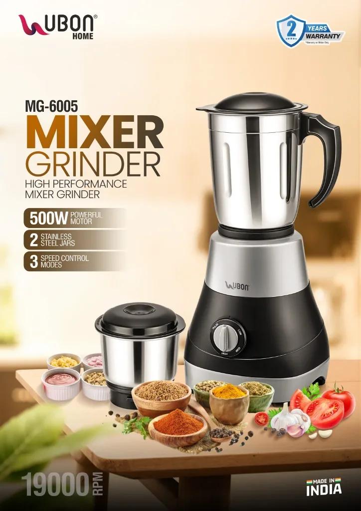 UBON MG-6005 500W High-Performance Mixer Grinder with 2 Stainless Steel Jars