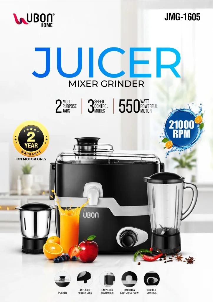 UBON JMG-1605 550W Juicer Mixer Grinder with Anti-Skid Rubber Legs & Easy Lock System