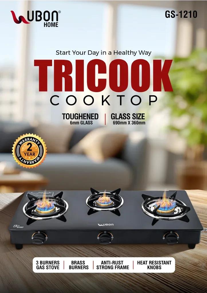 UBON GS-1210 Tricook 3-Burner Toughened Glass Gas Stove