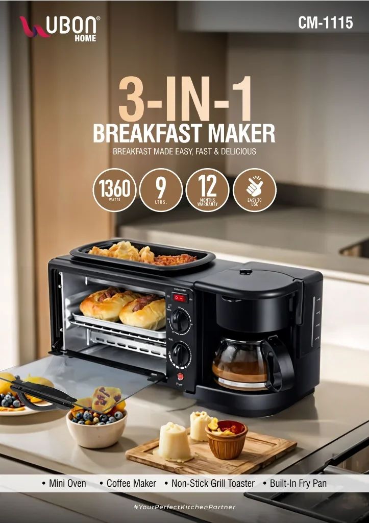 UBON CM-1115 3-in-1 Multifunction Breakfast Station with Coffee Maker & Oven (1360W)