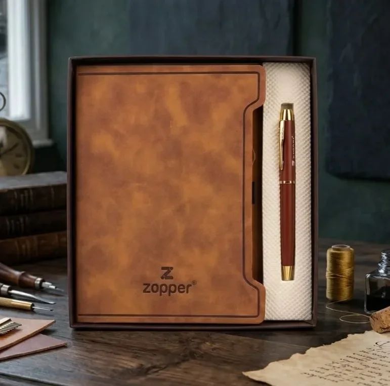 Classic Tan Leatherette Notebook & Pen Corporate Kit
