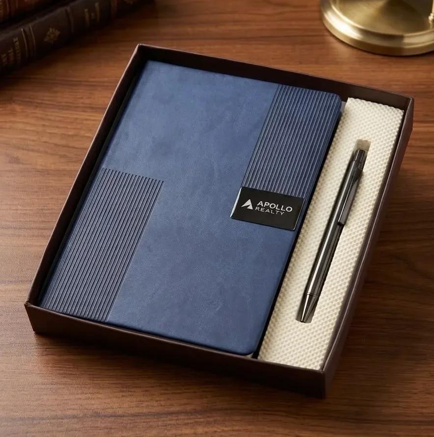 Modern Navy Blue Leatherette Notebook & Pen Set