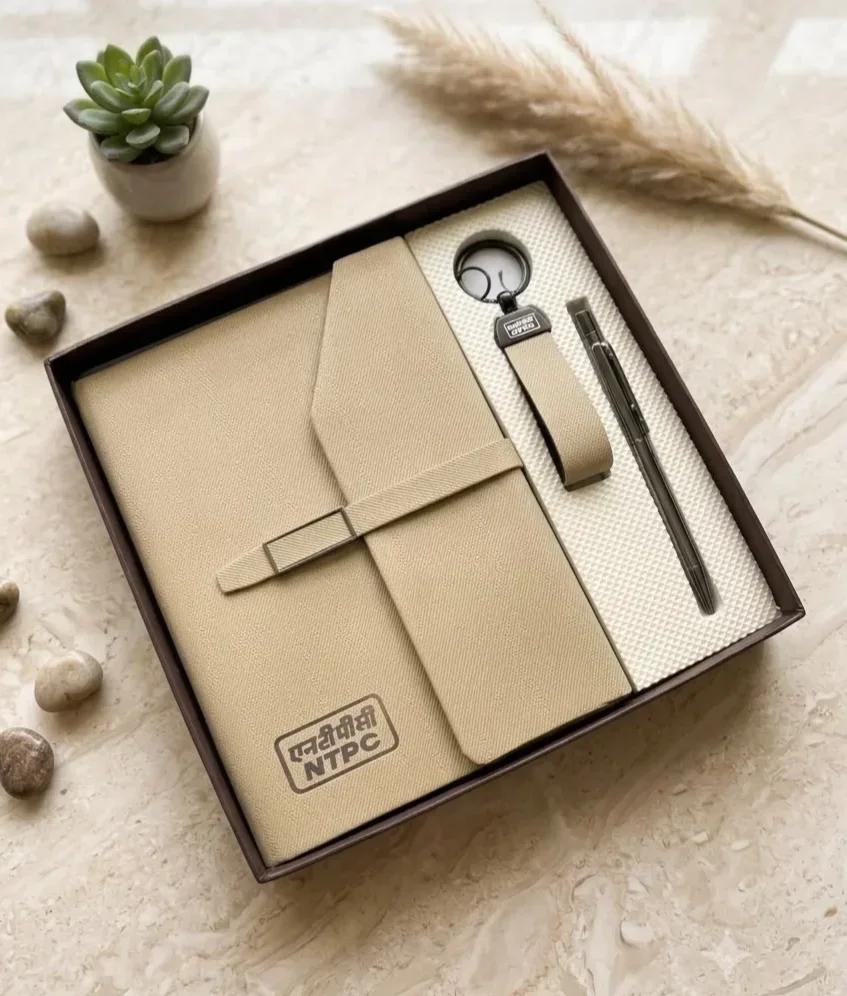 Classic Beige Textured Leatherette Diary, Keychain & Pen Kit