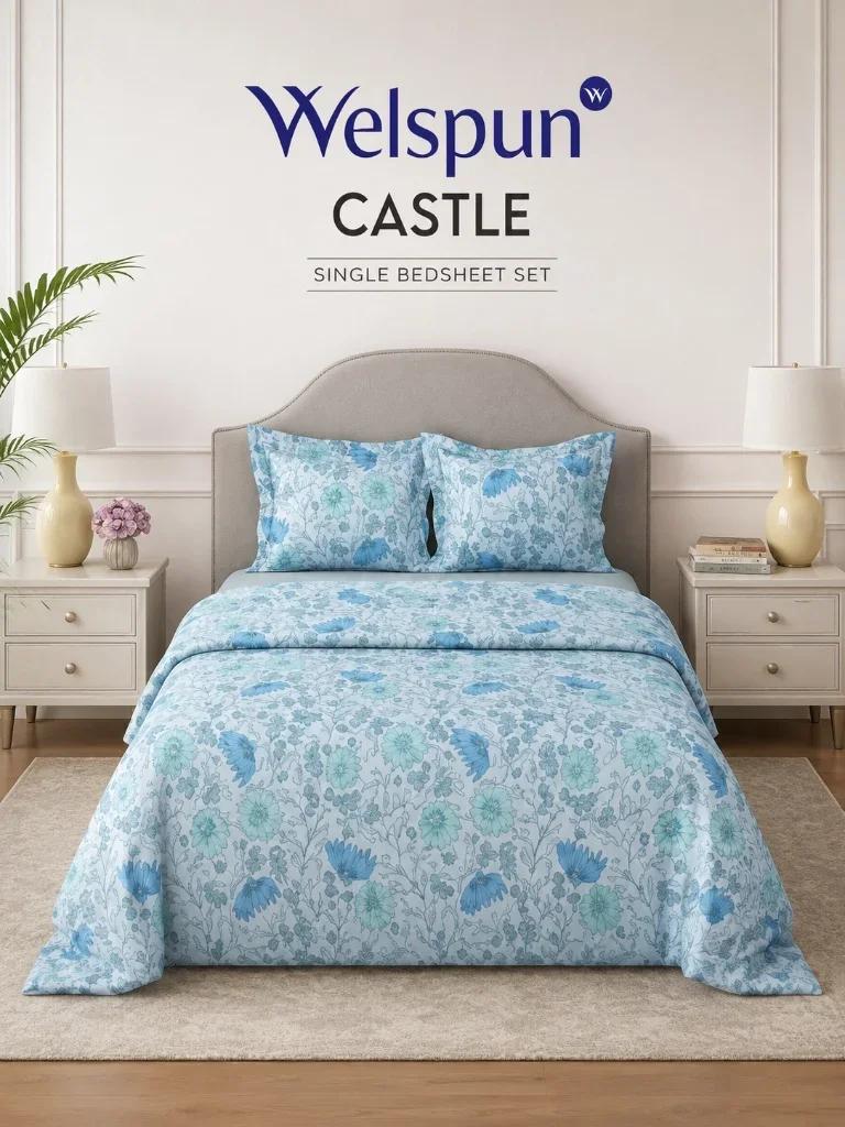 Welspun Castle Blue Floral Cotton Single Bedsheet Set
