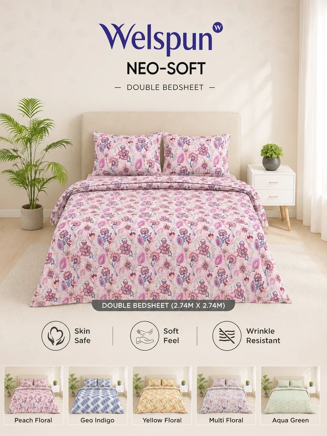 Welspun NEO-SOFT Double Bedsheet Set with 2 Pillow Covers