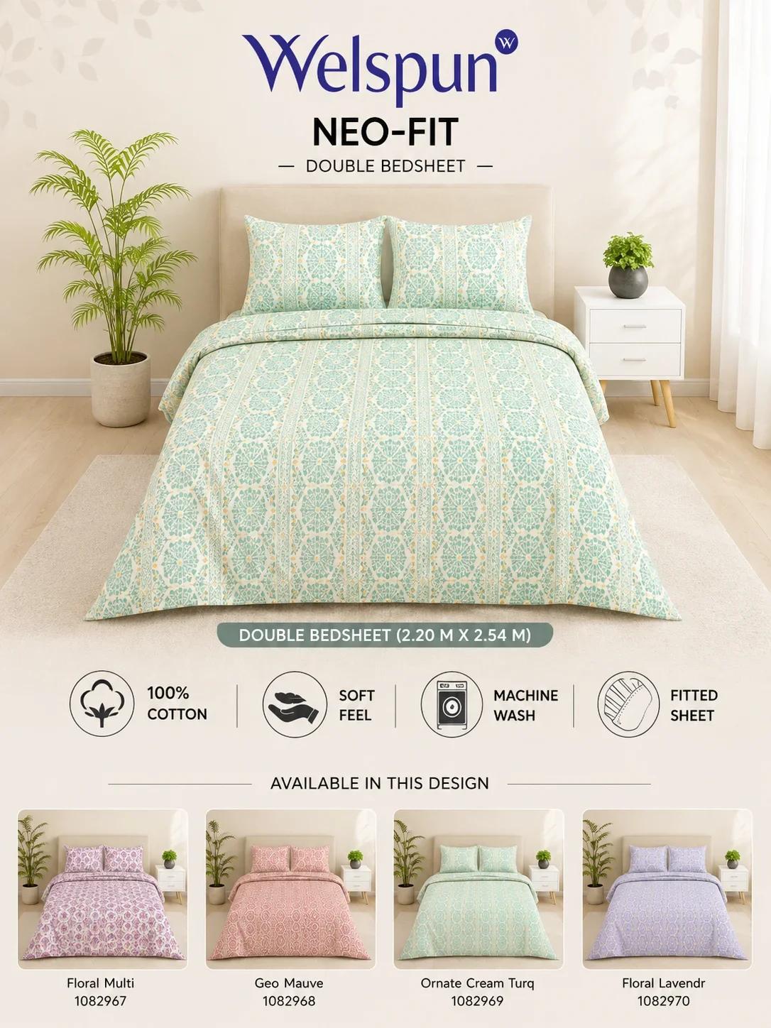 Welspun NEO-FIT 100% Cotton Fitted Double Bedsheet with 2 Pillow Covers