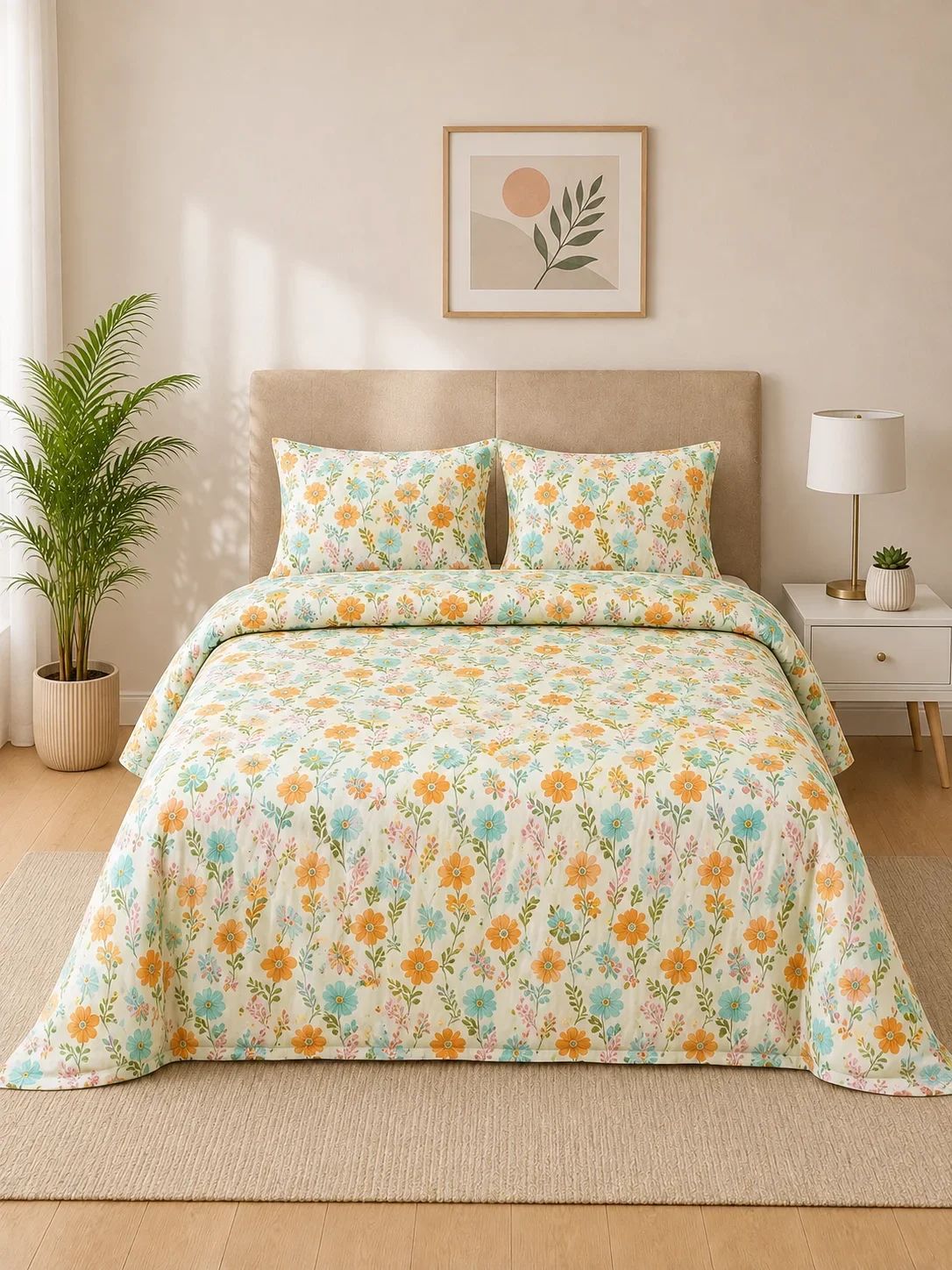 Yellow & Aqua Pastel Floral Printed Double Bedsheet Set with 2 Pillow Covers