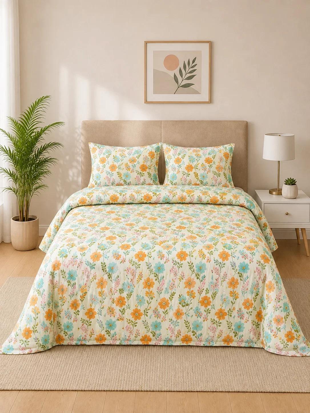 Yellow & Aqua Pastel Floral Printed Double Bedsheet Set with 2 Pillow Covers