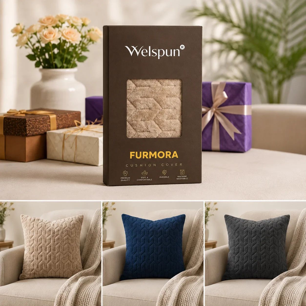 Welspun Furmora Textured Faux Fur Cushion Cover Packaging
