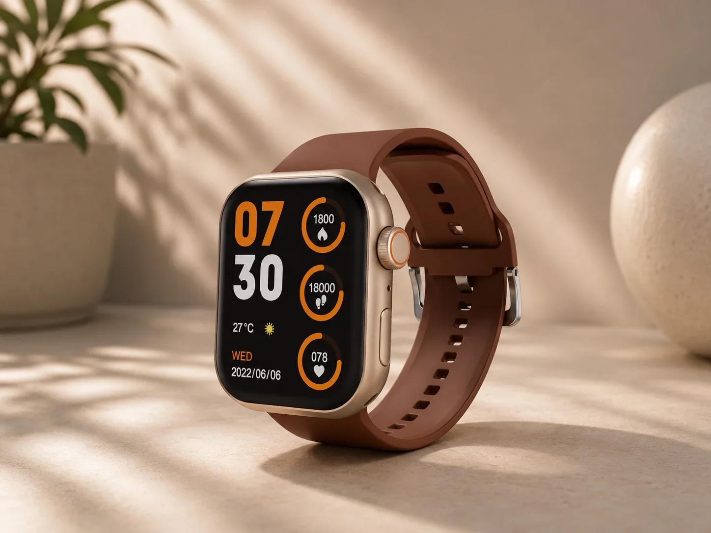 Lapcare Smartwatch with HD Touch Display Fitness Tracker Brown Silicone Strap