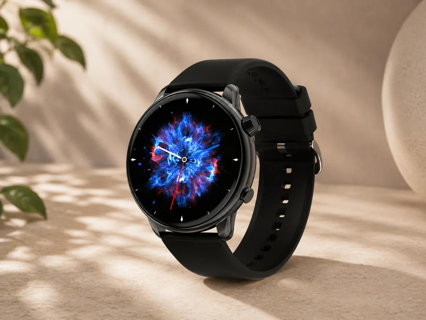Lapcare Round Dial Smartwatch with Electric Nebula Display Black Silicone Strap