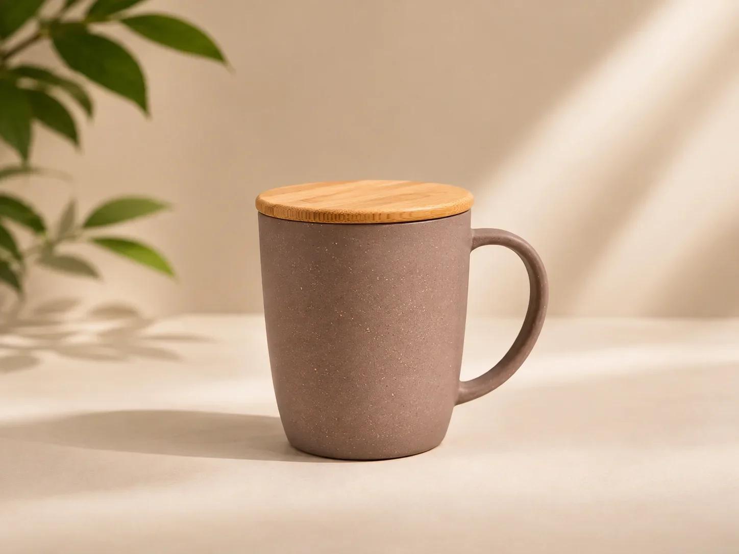 Eco Friendly Matte Ceramic Coffee Mug with Bamboo Wooden Lid