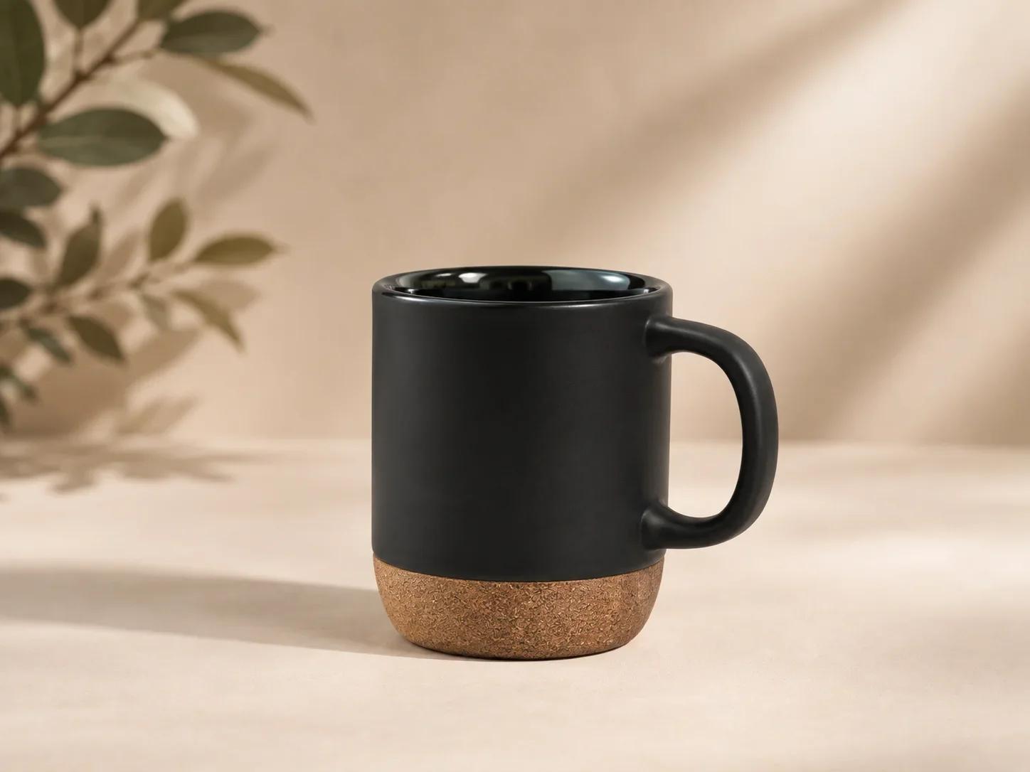 Matte Black Ceramic Coffee Mug with Natural Cork Bottom Base