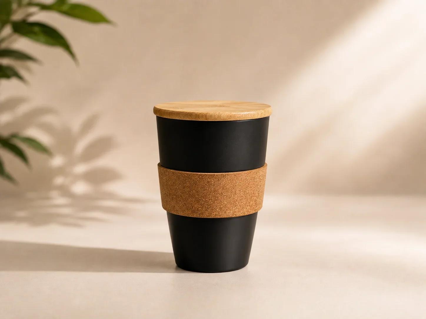 Matte Black Eco Friendly Travel Tumbler with Cork Sleeve and Bamboo Lid