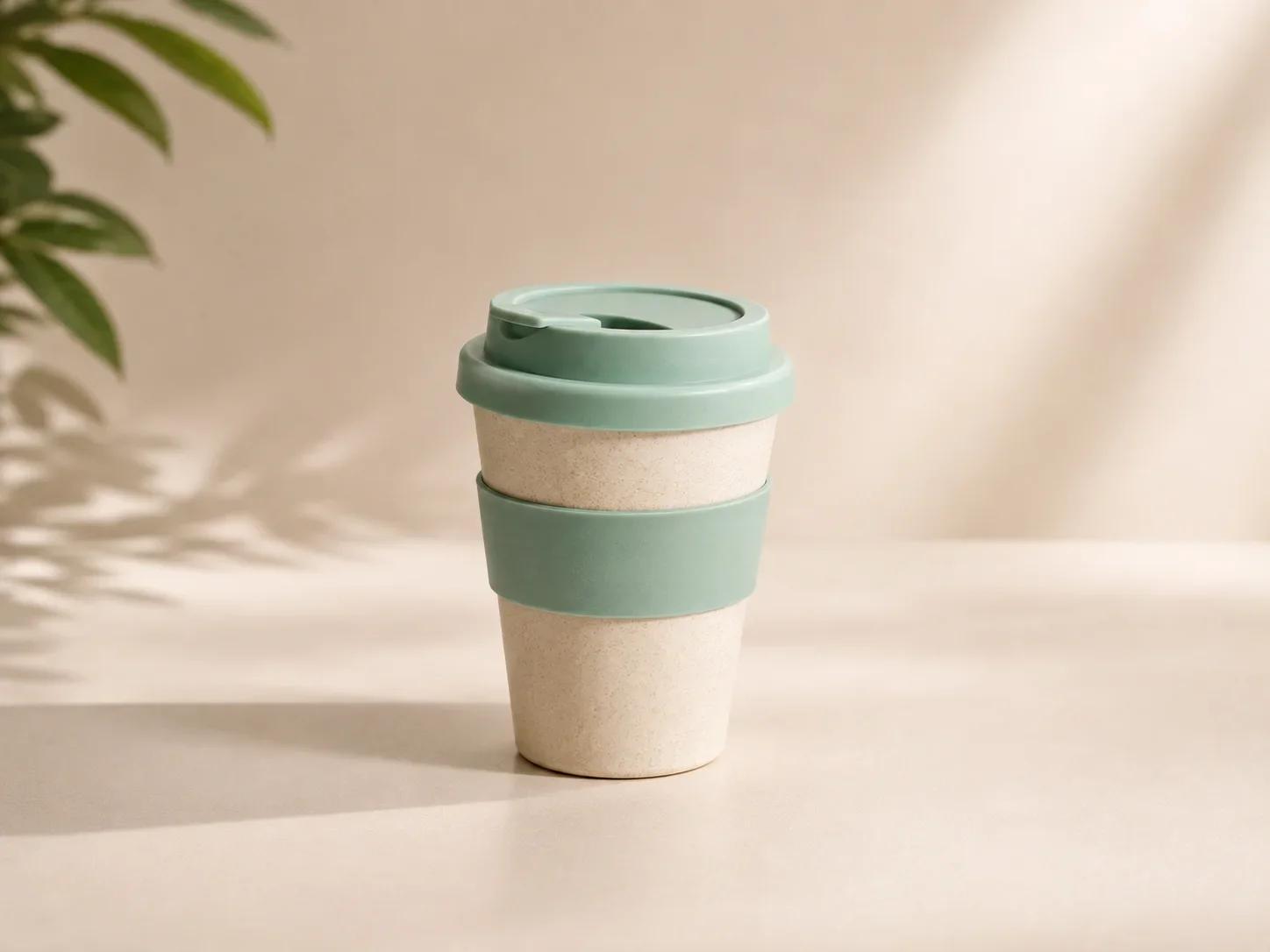 Reusable Wheat Straw Eco Travel Coffee Cup with Mint Green Silicone Grip