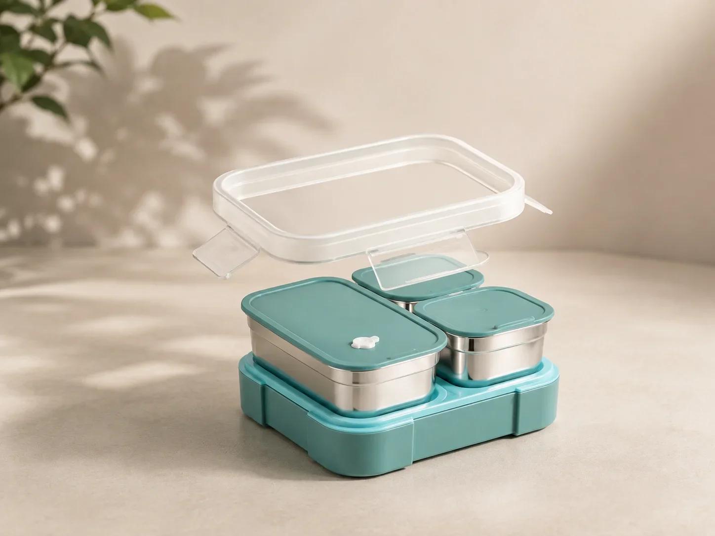 3 Compartment Stainless Steel Bento Lunch Box with Leak Proof Clip Lid