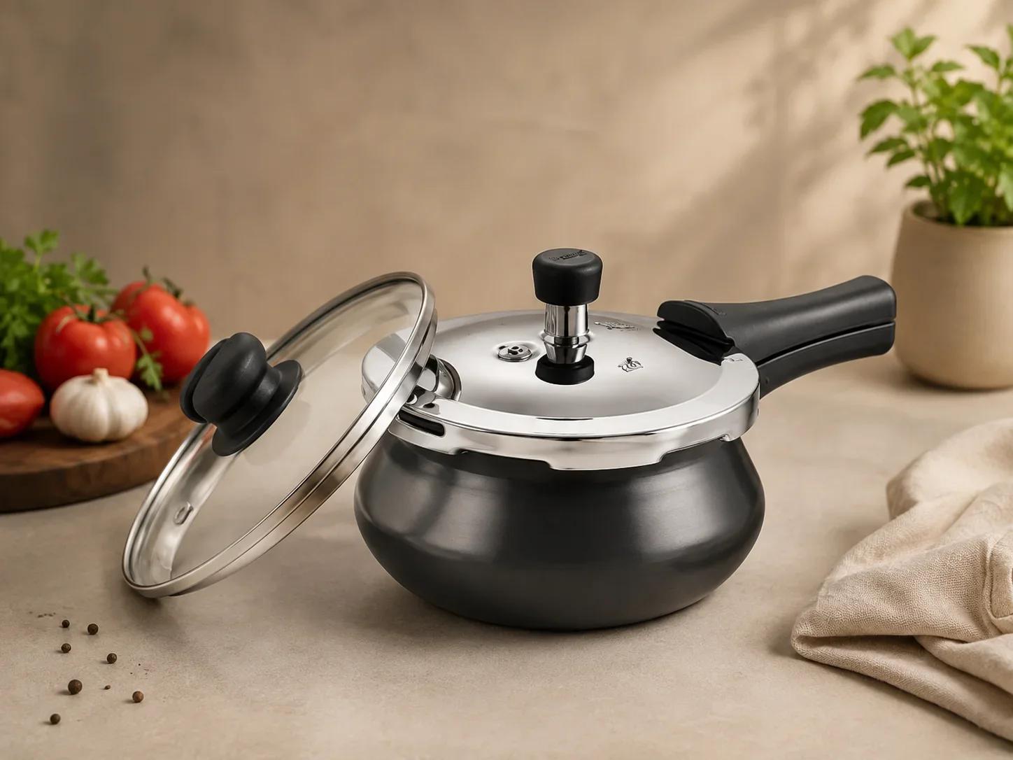 Prestige Nakshatra Svachh Hard Anodised Handi Pressure Cooker with Extra Toughened Glass Lid
