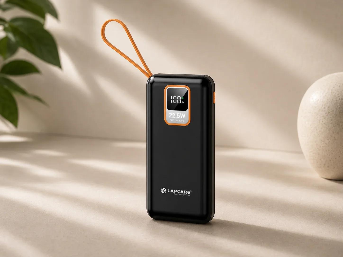 Lapcare 22.5W Fast Charging Power Bank with Digital Screen and Orange Carrying Lanyard
