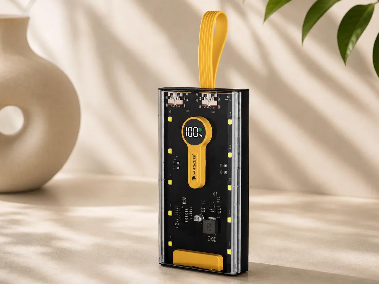 Lapcare Transparent Fast Charging Power Bank with Digital Display LED Emergency Lights and Yellow Strap