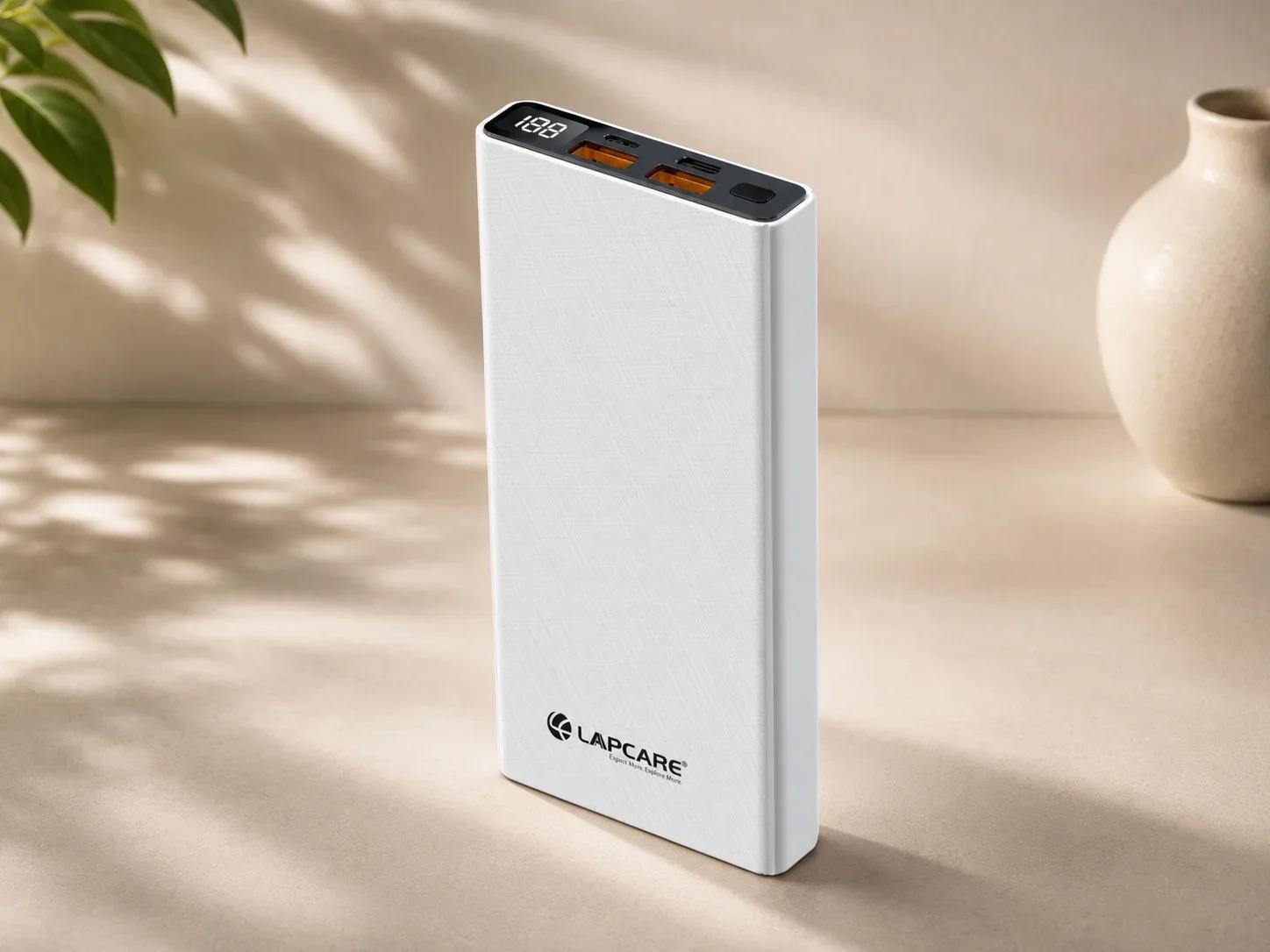 Lapcare White Textured Fast Charging Power Bank with Top LED Percentage Display and Dual Orange Ports